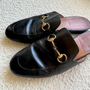 Gucci Shoes Princetown Black Leather Round Toe Horsebit Detail Flat Loafer Mules